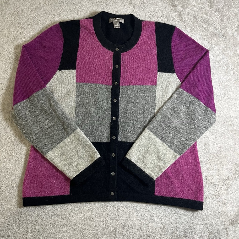 Charter‎ Club Cashmere Sweater Cardigan Pink Grey Black Colorblock Size Large